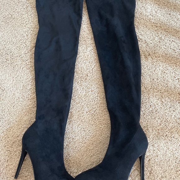 Black faux suede over the knee boots - black faux suede stiletto heels boots - Picture 2 of 9